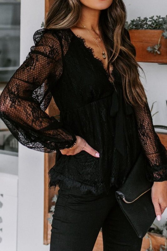 Lace Detail Plunge Long Sleeve Blouse Luvéillé