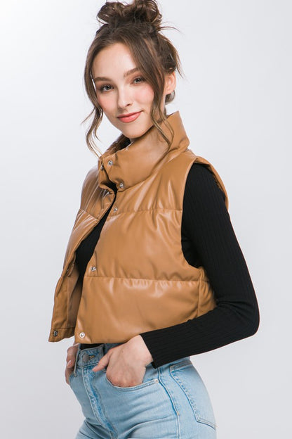 PU Faux Leather puffer West With Snap Button Luvéillé