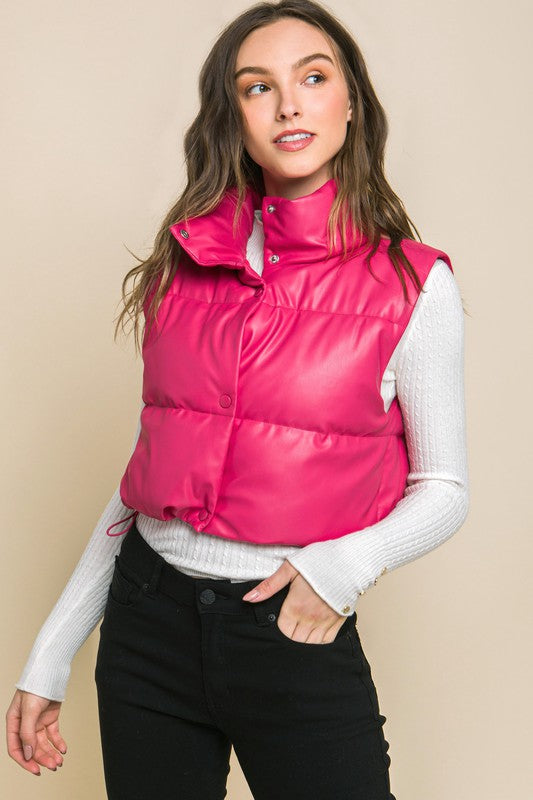 PU Faux Leather puffer West With Snap Button Luvéillé