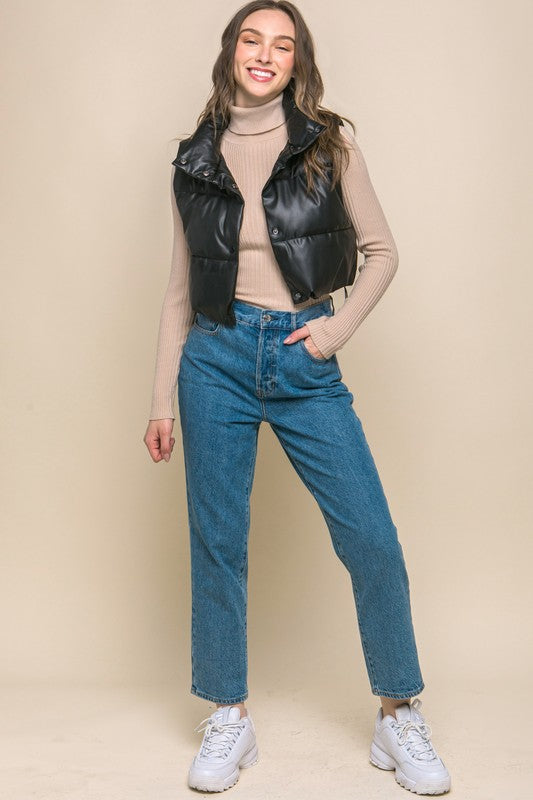 PU Faux Leather puffer West With Snap Button Luvéillé