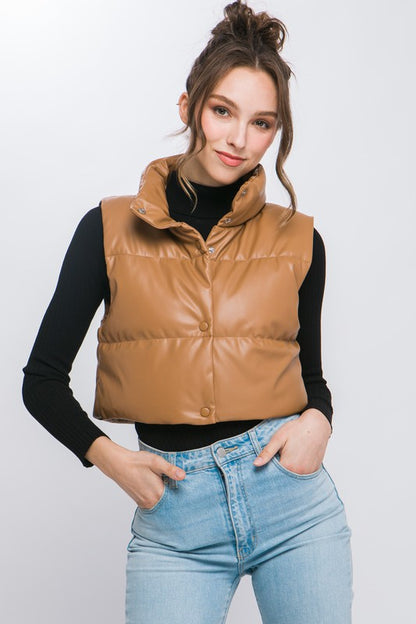 PU Faux Leather puffer West With Snap Button Luvéillé