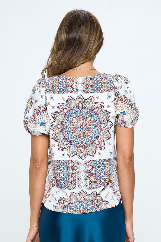 Paisley Print Round neck Top with Puff Sleeve Luvéillé
