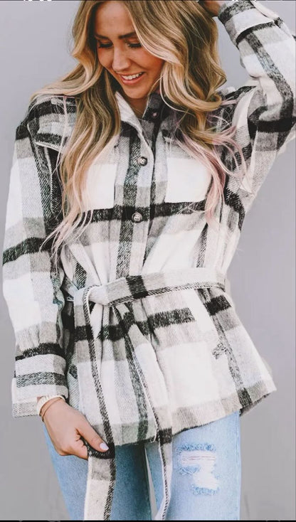 Plaid Tie Front Collared Neck Jacket Luvéillé
