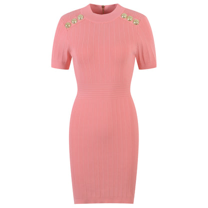 Round Neck Short Sleeve Waistband Thin Solid Color Knitted Buttock Skirt Luvéillé