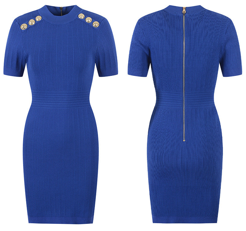 Round Neck Short Sleeve Waistband Thin Solid Color Knitted Buttock Skirt Luvéillé