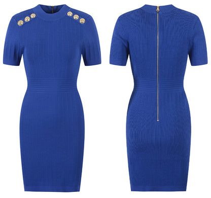 Round Neck Short Sleeve Waistband Thin Solid Color Knitted Buttock Skirt Luvéillé