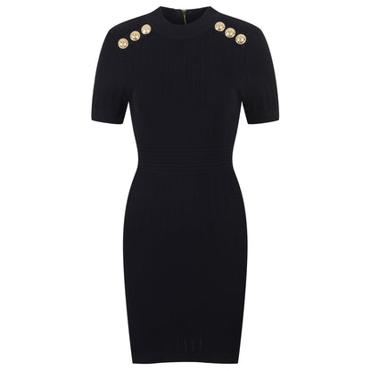 Round Neck Short Sleeve Waistband Thin Solid Color Knitted Buttock Skirt Luvéillé