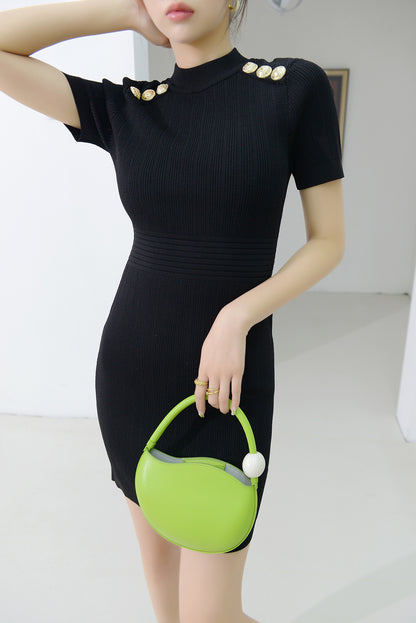 Round Neck Short Sleeve Waistband Thin Solid Color Knitted Buttock Skirt Luvéillé