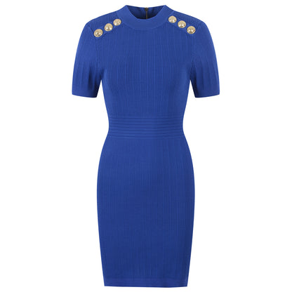 Round Neck Short Sleeve Waistband Thin Solid Color Knitted Buttock Skirt Luvéillé