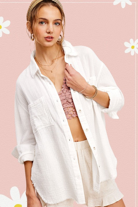 Soft Washed Crinkled Gauze Button Down Shirt Luvéillé