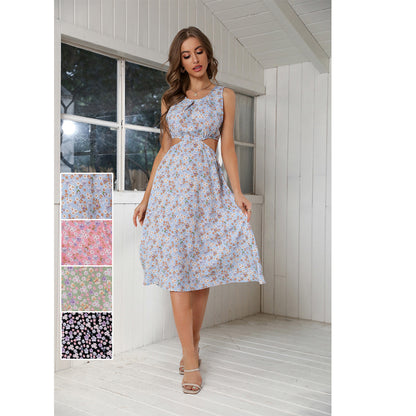 Summer New Chiffon Floral Waist Hollow-out Sleeveless Beach Dress Luvéillé