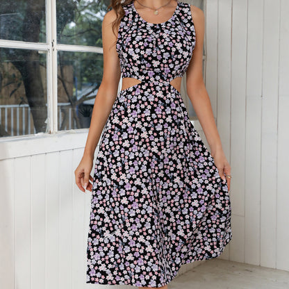 Summer New Chiffon Floral Waist Hollow-out Sleeveless Beach Dress Luvéillé