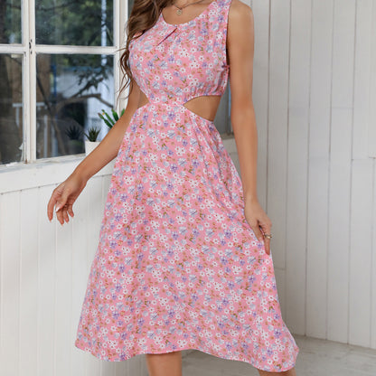 Summer New Chiffon Floral Waist Hollow-out Sleeveless Beach Dress Luvéillé
