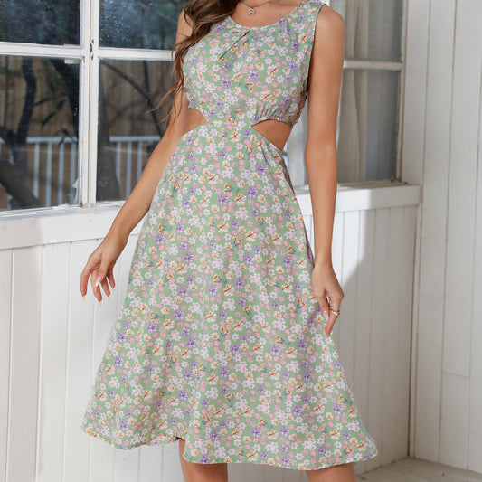 Summer New Chiffon Floral Waist Hollow-out Sleeveless Beach Dress Luvéillé