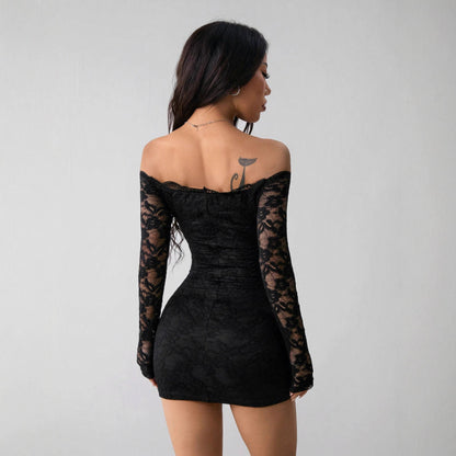 New Lace Off-shoulder Long-sleeve Slim-fit Slimming Dress