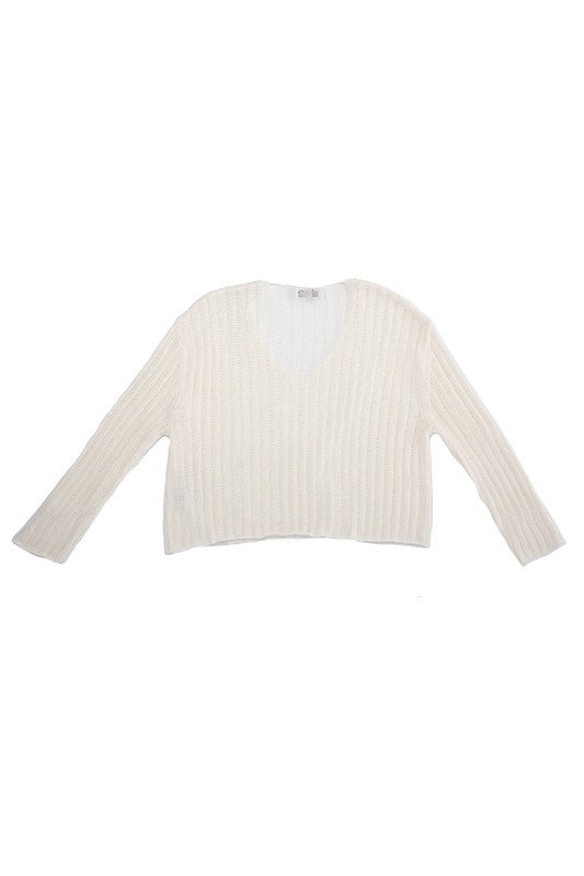 Variegated rib V neck sweater