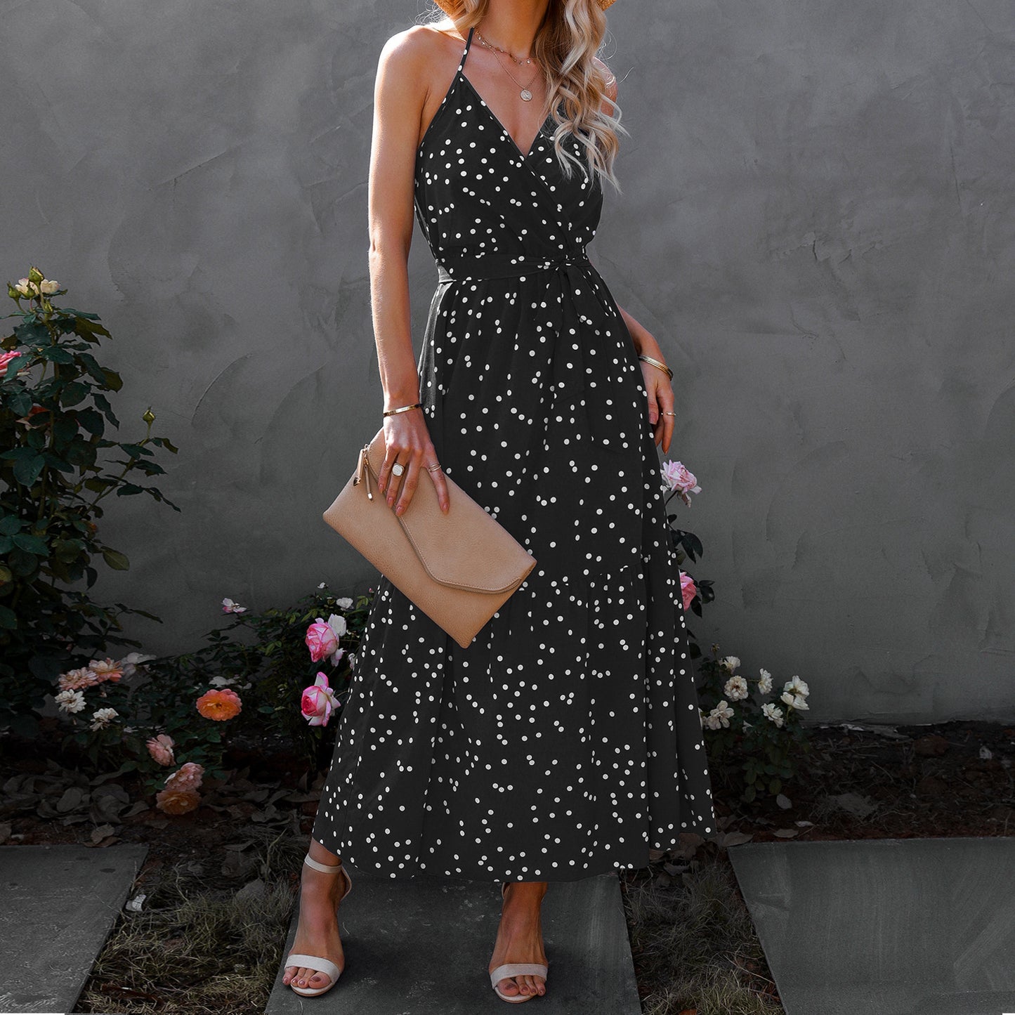 European And American Style V Neck Polka Dot Dress