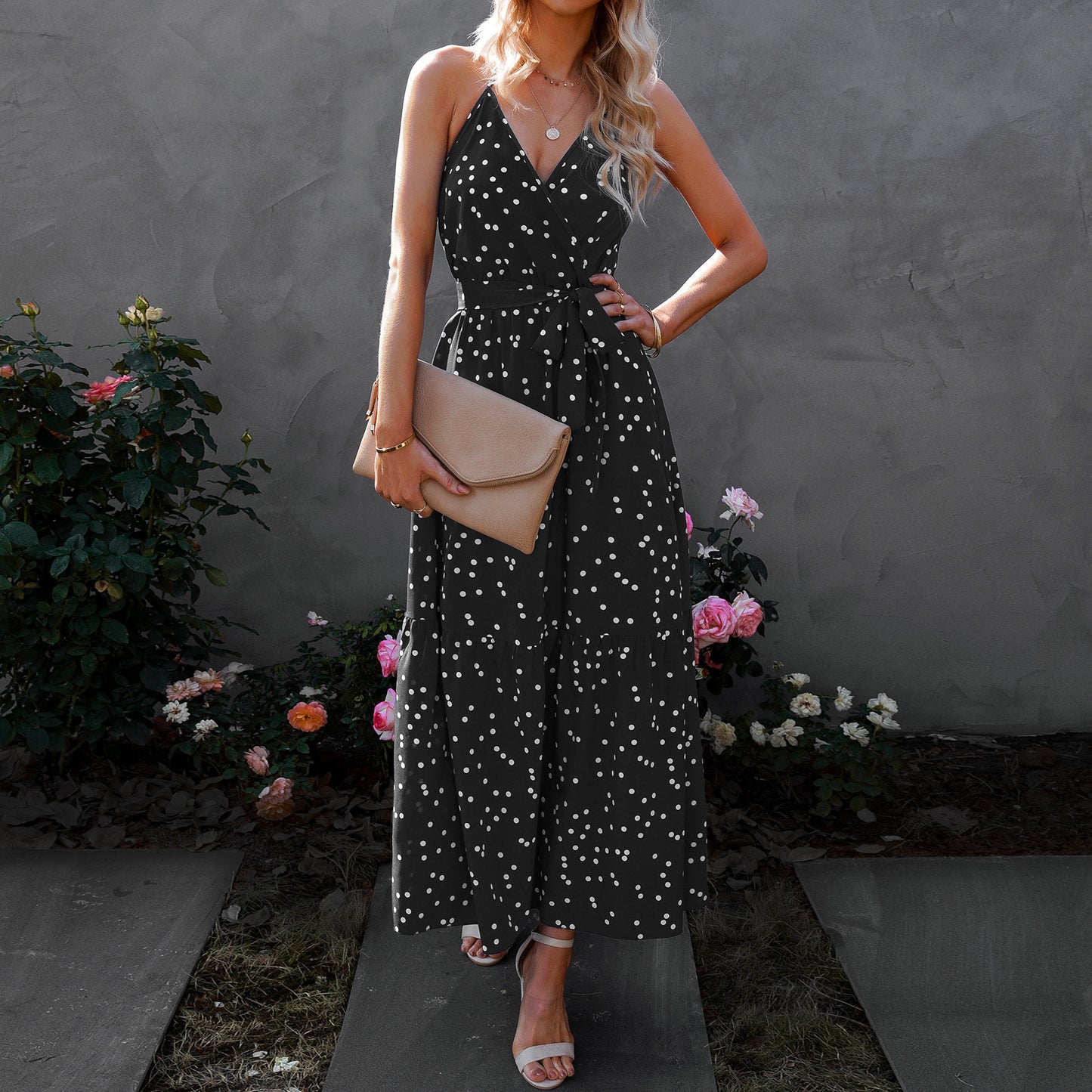 European And American Style V Neck Polka Dot Dress