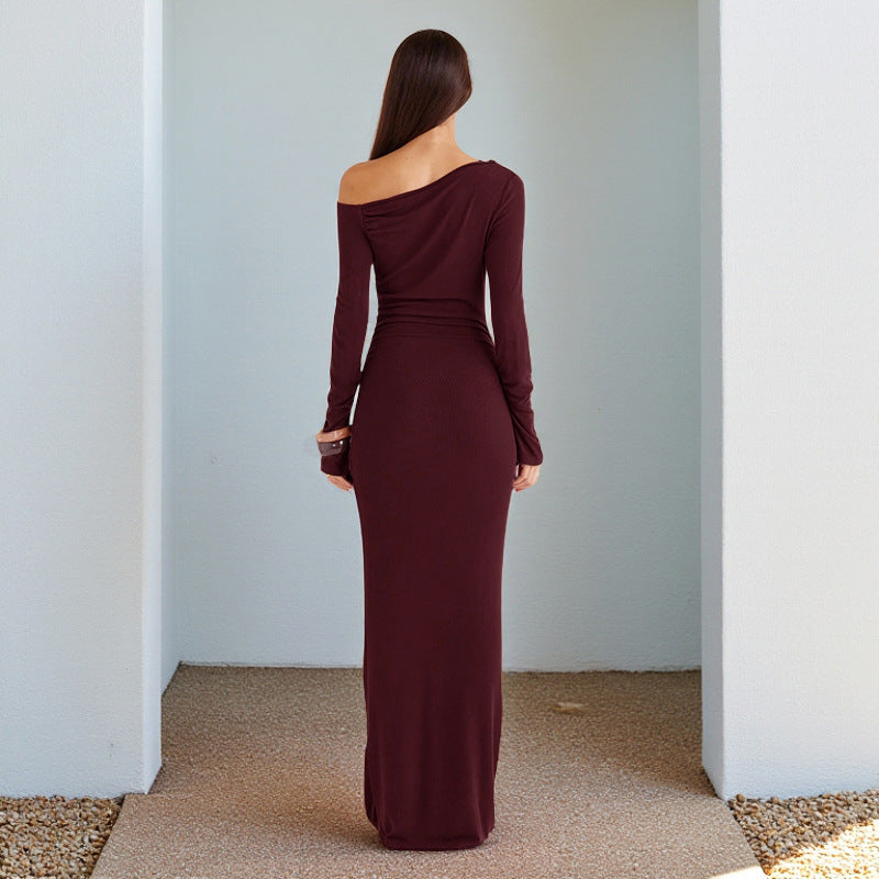 Oblique Shoulder Sexy Backless Long Sleeve Slim Dress Women Ins