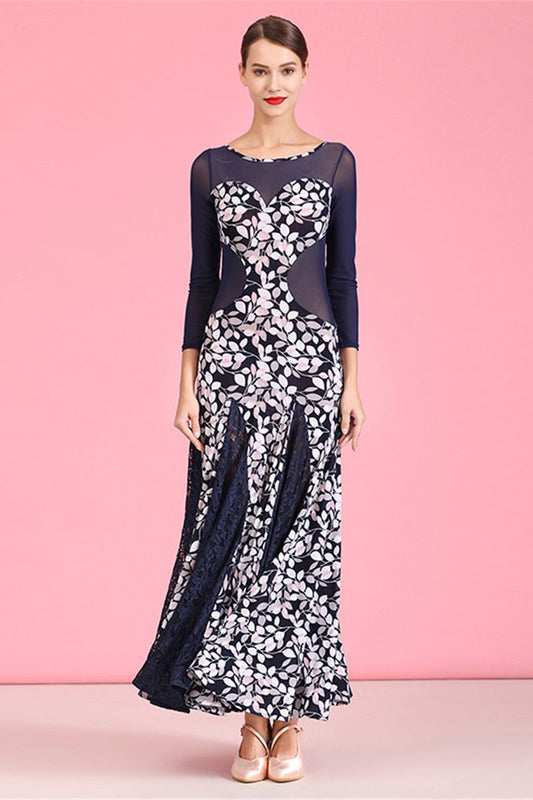 Navy Blue Crystal Linen Print Modern Dance Skirt Dress Waltz Practice Skirt