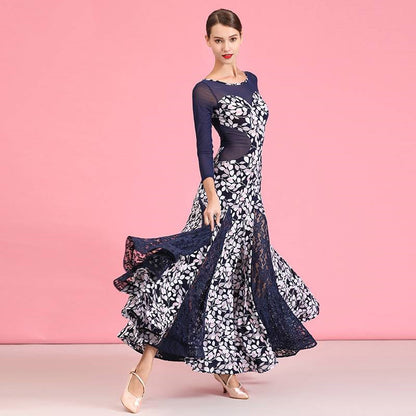 Navy Blue Crystal Linen Print Modern Dance Skirt Dress Waltz Practice Skirt