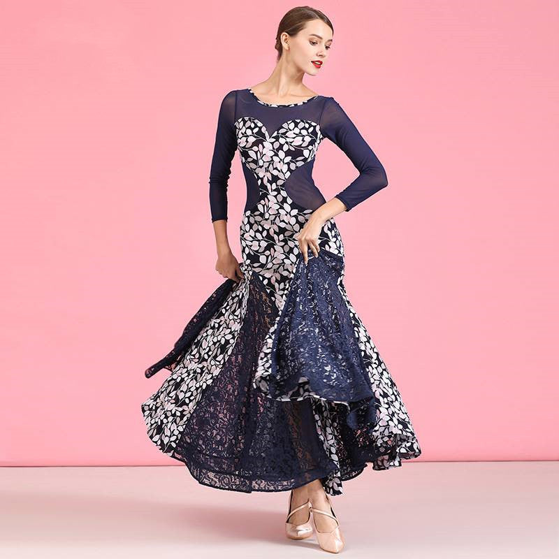 Navy Blue Crystal Linen Print Modern Dance Skirt Dress Waltz Practice Skirt