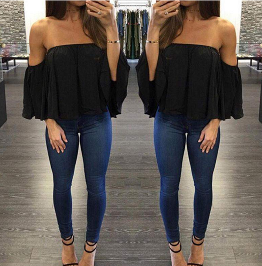 chest collar long sleeve chiffon  strapless loose T-shirt