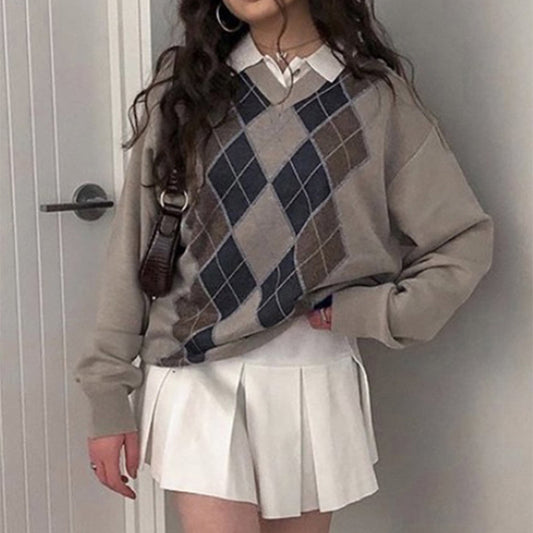 Knitted V-neck Sweater Casual Pullover Top