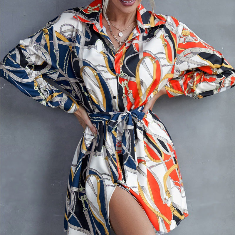 Mid-length Lapel Single-breasted Lace-up Printed Color Matching Lining