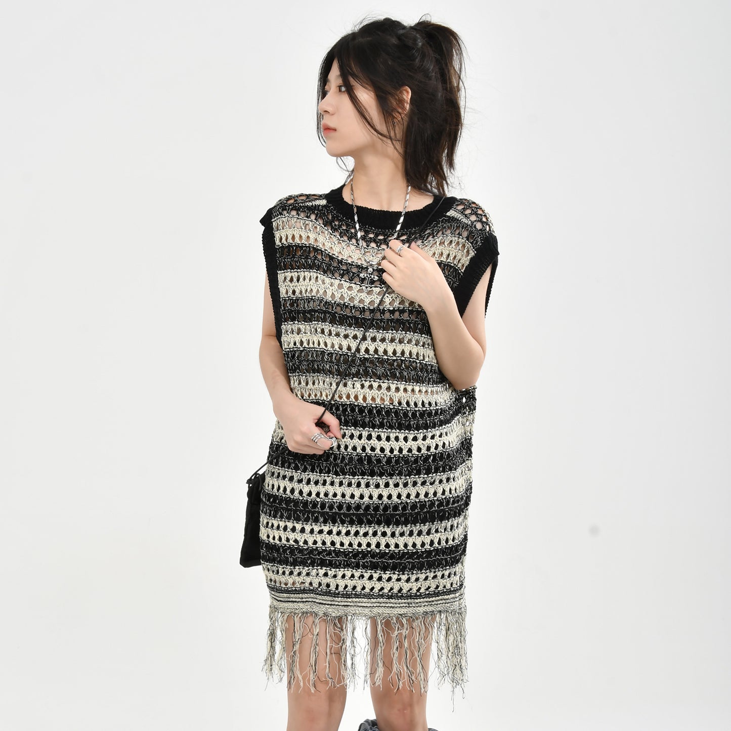 Women's Openwork Striped Knitted Loose Layered Hem Fringed Dress