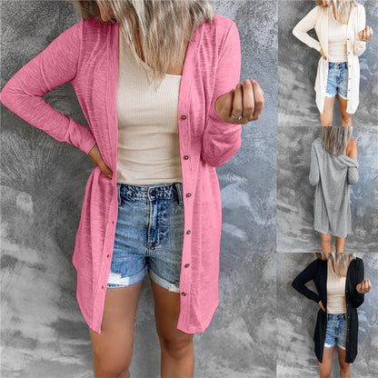 Long Button Solid Color Casual Long-sleeved Cardigan