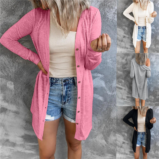 Long Button Solid Color Casual Long-sleeved Cardigan