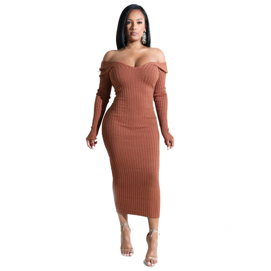 Solid Color V-neck Knitted Dress