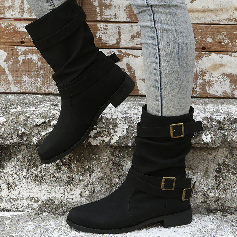 Low Heel Vintage Adjustable Buckle Boots