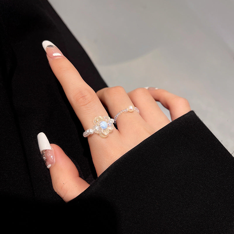 Ins Super Fairy Pearl Elastic Rope Two-piece Ring