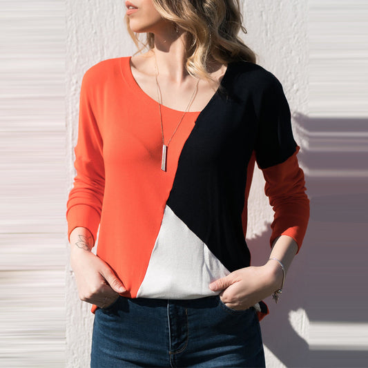 Women Stitching Geometric Figure Round Neck Slim T-Shirt