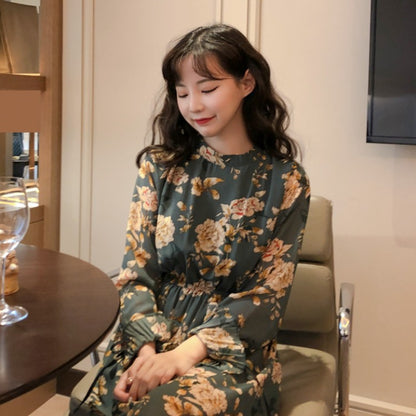 Retro Girl Floral Long-sleeved Dress Women