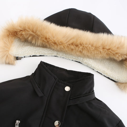 Velvet Loose Ladies Cotton Jacket With Detachable Hood And Fleece Jacket