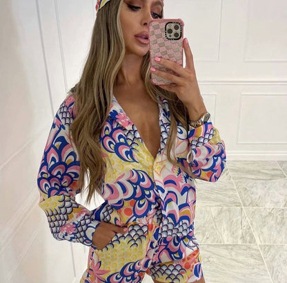 Casual Long Sleeve Shirt Loose Straight Shorts and Headband Set
