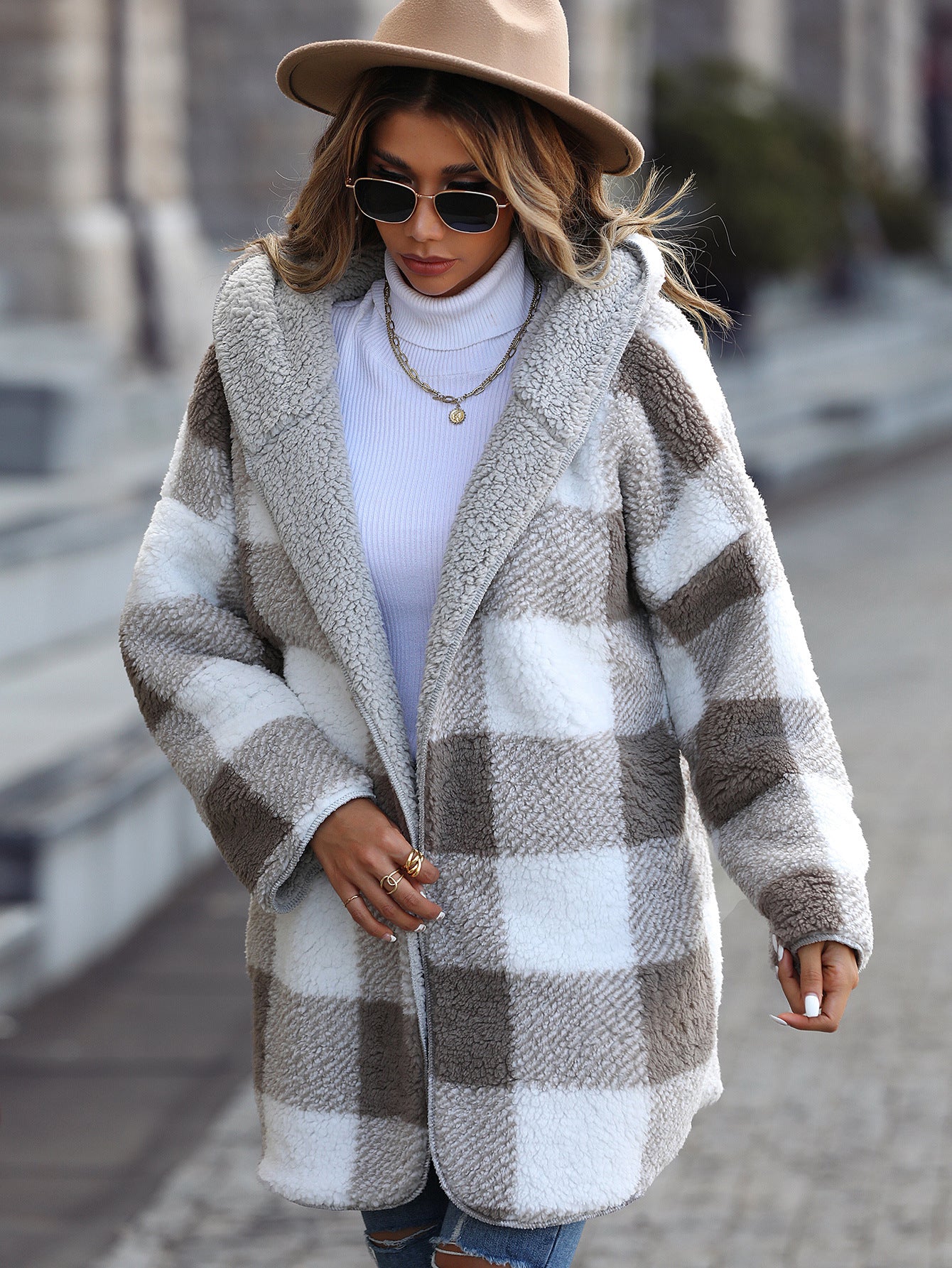 Plush Hooded Plaid Bubble Velvet Buckle-free Coat
