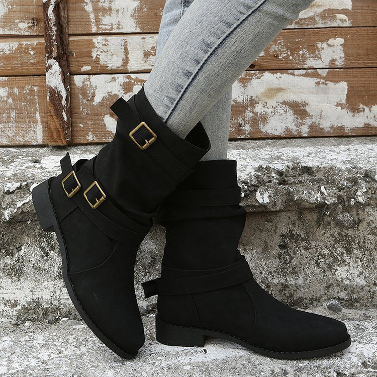 Low Heel Vintage Adjustable Buckle Boots