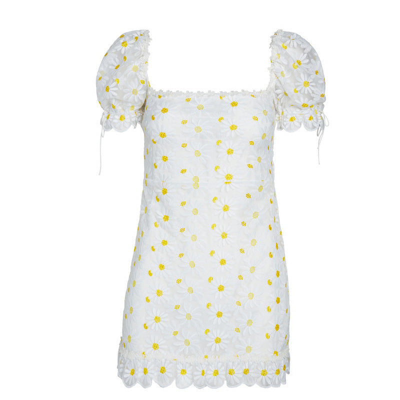 Little Daisy Lace Square Sleeve Puff Sleeve Skirt