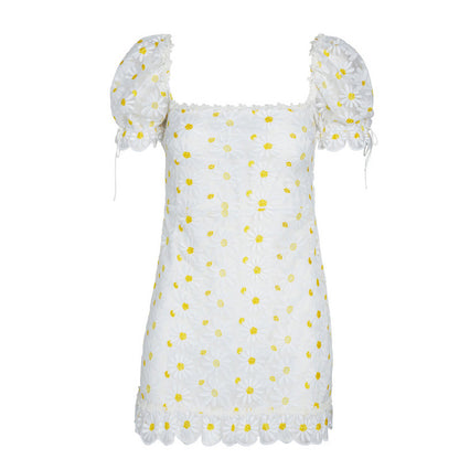 Little Daisy Lace Square Sleeve Puff Sleeve Skirt