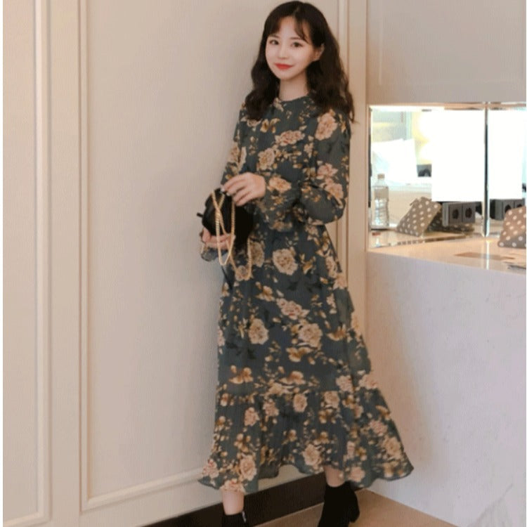 Retro Girl Floral Long-sleeved Dress Women