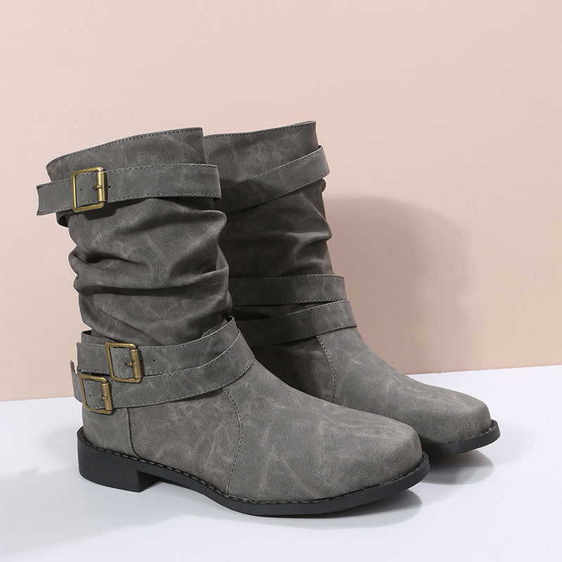 Low Heel Vintage Adjustable Buckle Boots