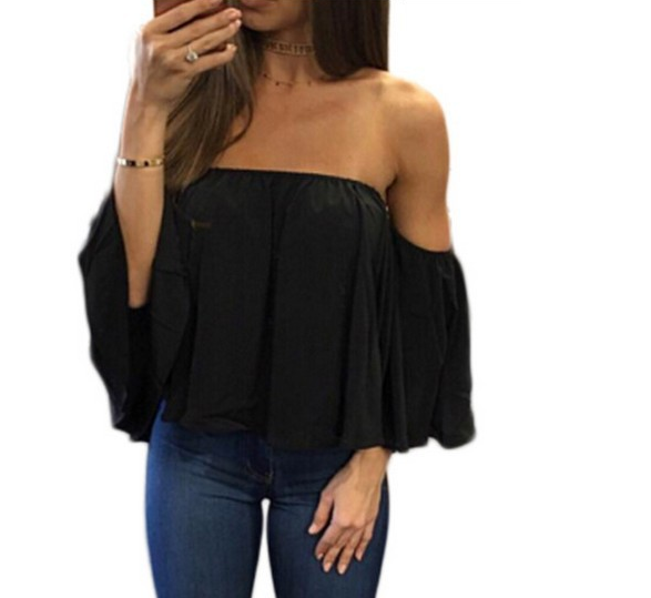 chest collar long sleeve chiffon  strapless loose T-shirt