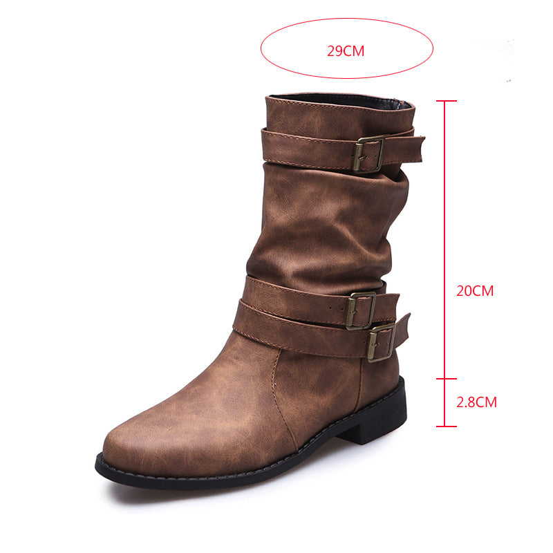 Low Heel Vintage Adjustable Buckle Boots