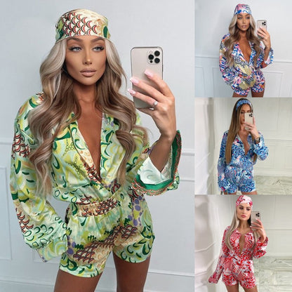 Casual Long Sleeve Shirt Loose Straight Shorts and Headband Set