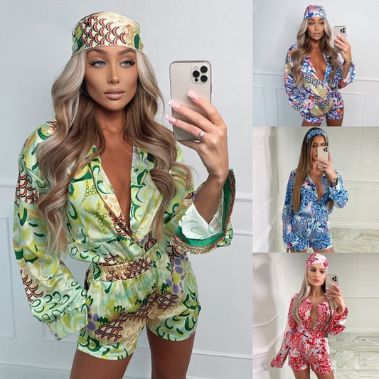 Casual Long Sleeve Shirt Loose Straight Shorts and Headband Set