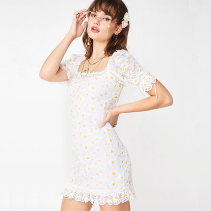 Little Daisy Lace Square Sleeve Puff Sleeve Skirt